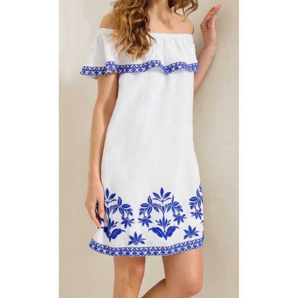 Tommy Bahama Dress Women XXS White Blue Embroidered Ruffled Linen Blend Tropical